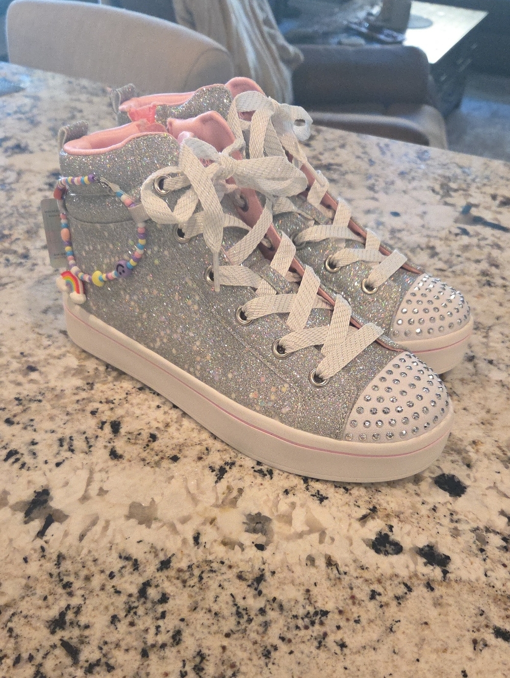 Skechers Street Glitter High-Top Sneakers in Silver with Pink Lining